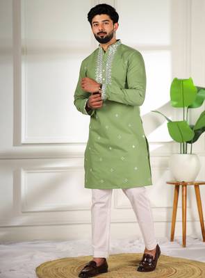 Pista color stylish cotton fabric ethnic traditional rich kurta payjama for men 4
