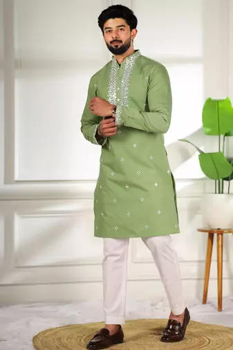 Pista color stylish cotton fabric ethnic traditional rich kurta payjama for men