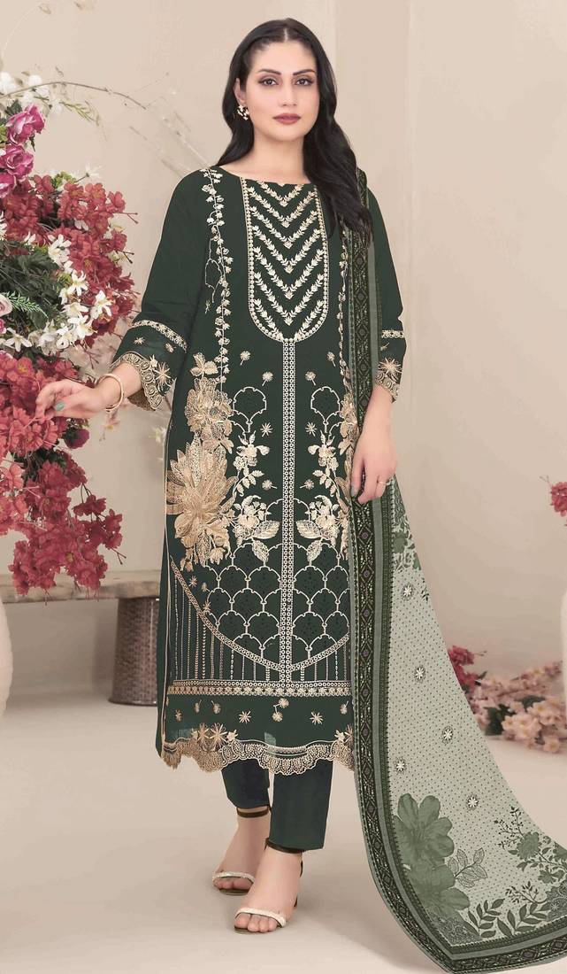 Mehendi fox georgette semi stitched suit with embroidery & khatli work