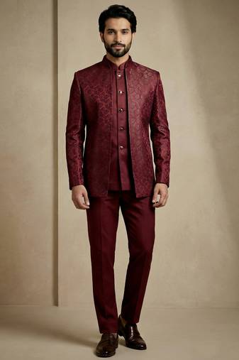 Dark maroon premium designer festive wear indo western set