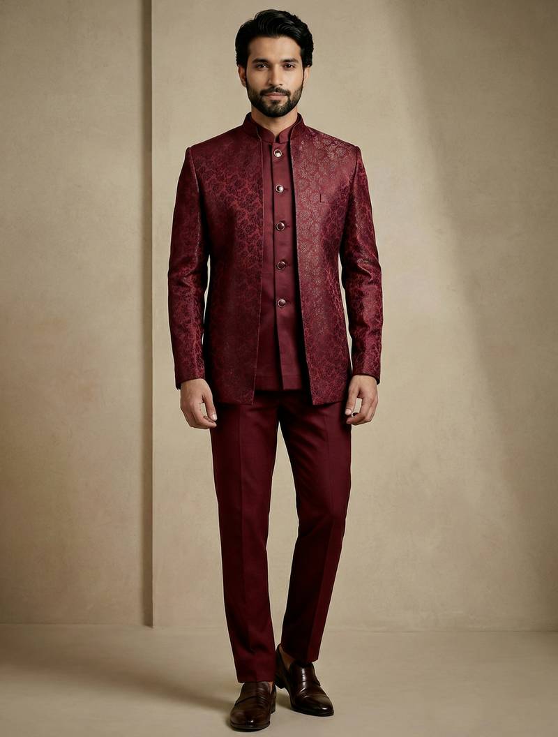 Dark maroon premium designer festive wear indo western set