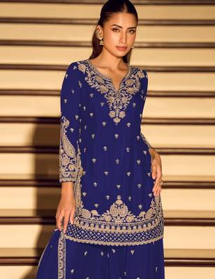 D blue chinon free size stitched suit with embroidery beats  2