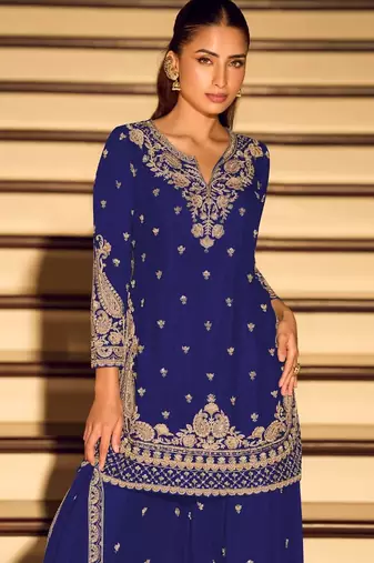 D blue chinon free size stitched suit with embroidery beats 