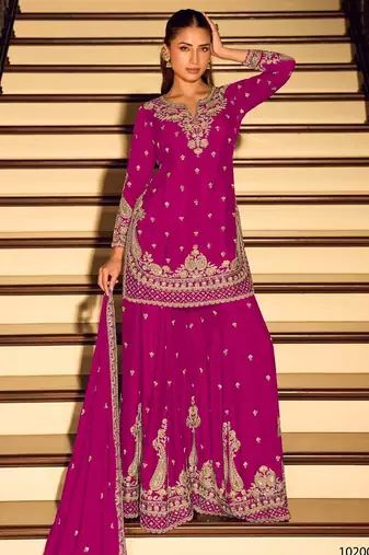Rani pink chinon free size stitched suit with embroidery beats work
