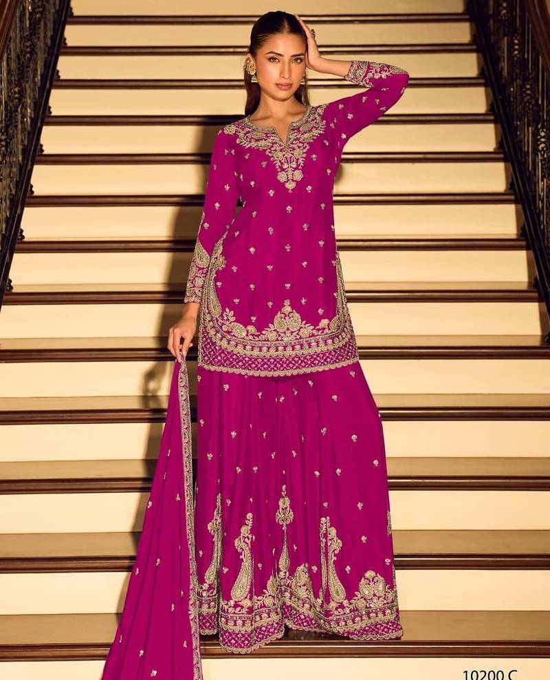 Rani pink chinon free size stitched suit with embroidery beats work