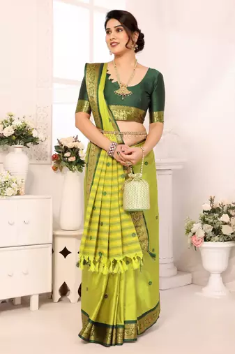 Light green blended cotton woven zari work saree with blouse