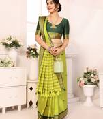 Light green blended cotton woven zari work saree with blouse
