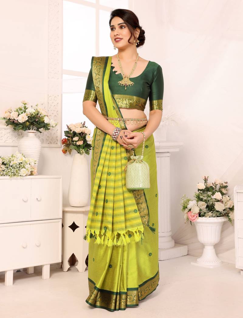 Light green blended cotton woven zari work saree with blouse