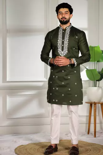 Mahendi color stylish cotton fabric ethnic traditional rich kurta payjama for men