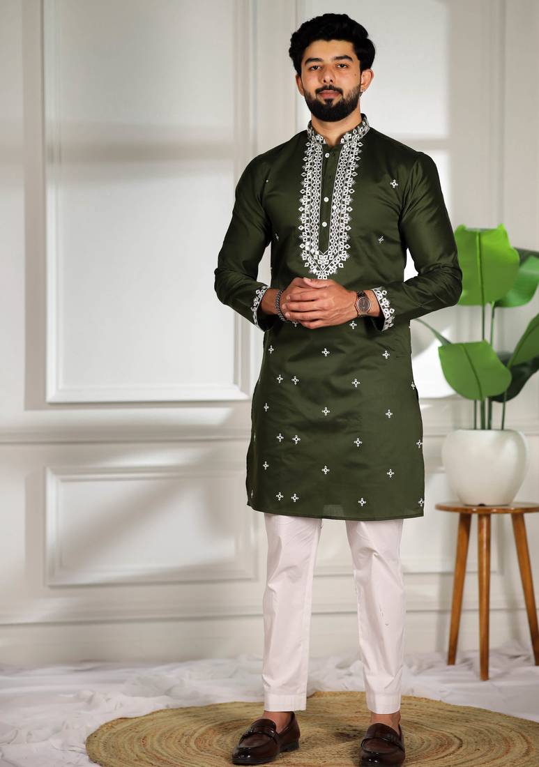 Mahendi color stylish cotton fabric ethnic traditional rich kurta payjama for men