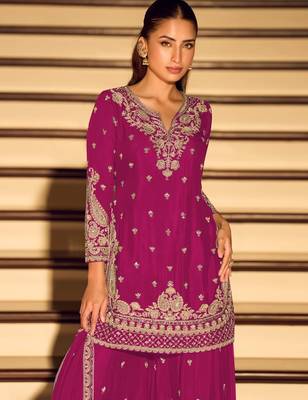 Rani pink chinon free size stitched suit with embroidery beats  2