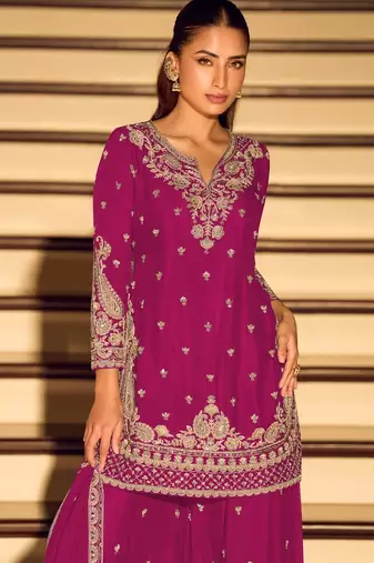 Rani pink chinon free size stitched suit with embroidery beats 