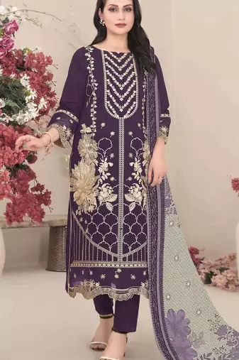 Violet fox georgette semi stitched suit with embroidery & khatli work