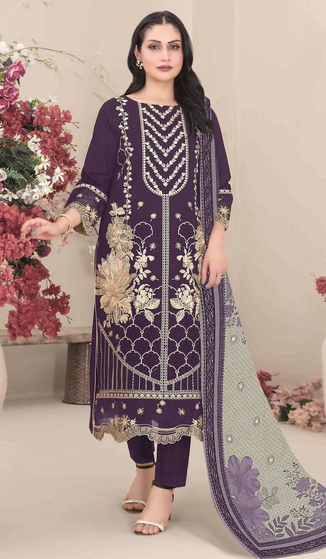 Violet fox georgette semi stitched suit with embroidery & khatli work