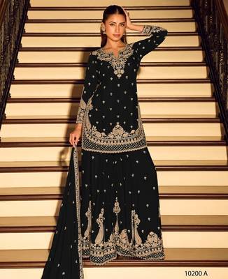 Black chinon free size stitched suit with embroidery beats  1