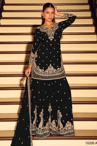 Black chinon free size stitched suit with embroidery beats work