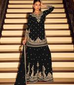 Black chinon free size stitched suit with embroidery beats work