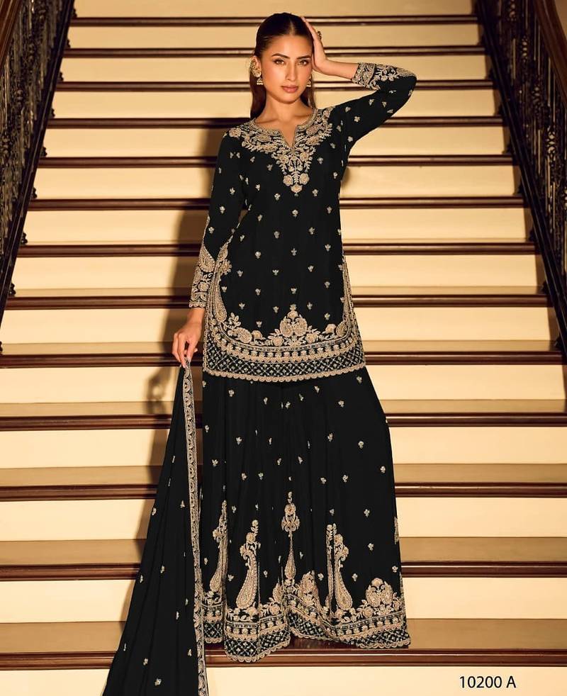 Black chinon free size stitched suit with embroidery beats work