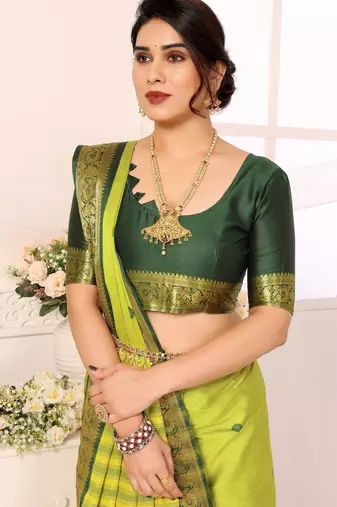 Light green blended cotton woven zari work saree with blouse
