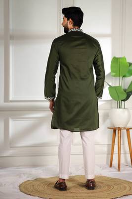 Mahendi color stylish cotton fabric ethnic traditional rich kurta payjama for men 2