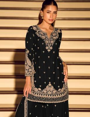 Black chinon free size stitched suit with embroidery beats  2