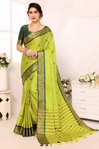 Light green blended cotton woven zari work saree with blouse