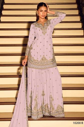 Pink chinon free size stitched suit with embroidery beats work