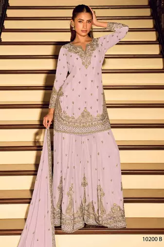 Pink chinon free size stitched suit with embroidery beats work