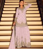 Pink chinon free size stitched suit with embroidery beats work