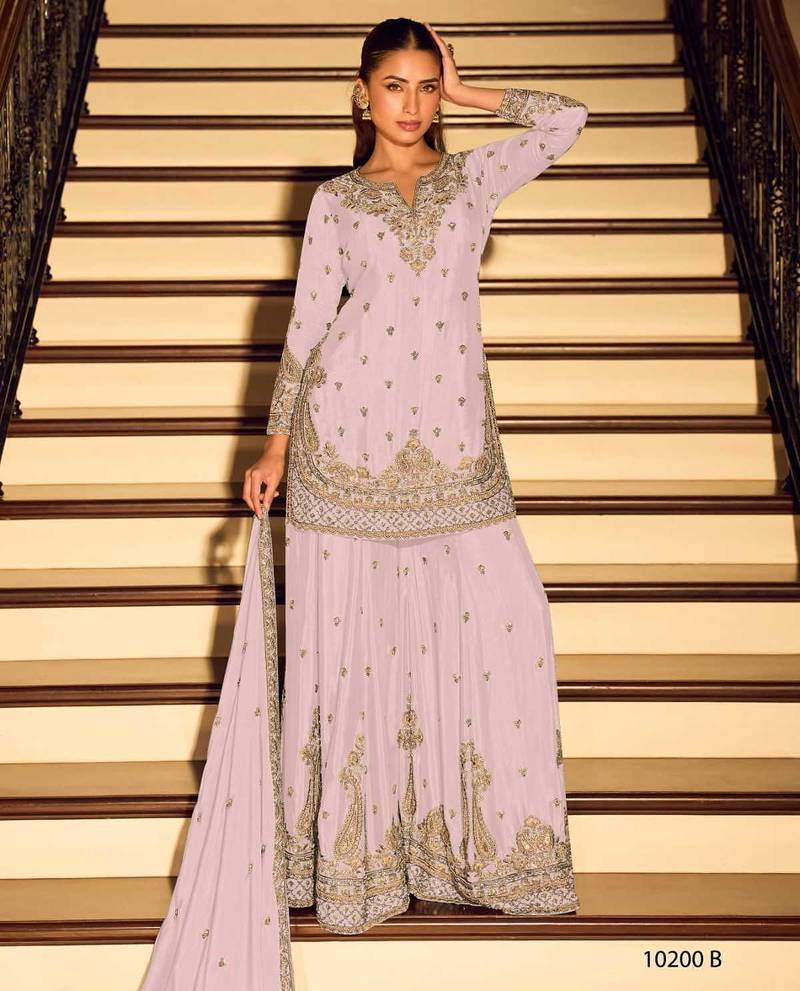 Pink chinon free size stitched suit with embroidery beats work