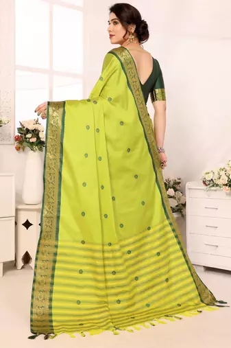 Light green blended cotton woven zari work saree with blouse