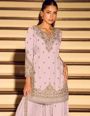 Pink chinon free size stitched suit with embroidery beats  2