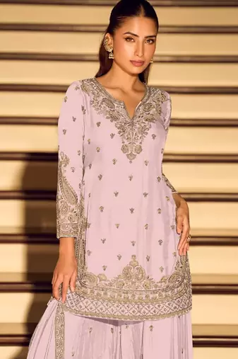 Pink chinon free size stitched suit with embroidery beats 