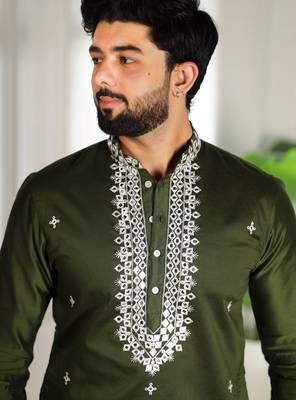 Mahendi color stylish cotton fabric ethnic traditional rich kurta payjama for men 3