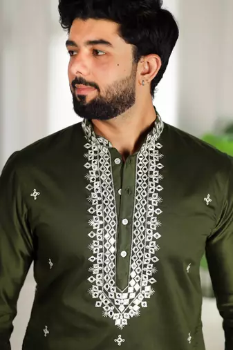 Mahendi color stylish cotton fabric ethnic traditional rich kurta payjama for men
