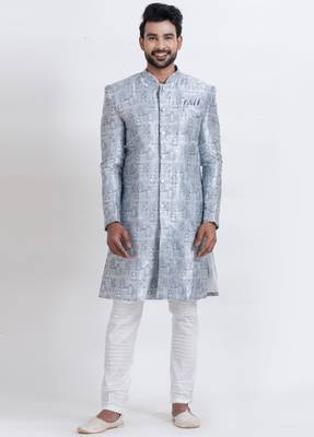 blue jacquard silk premium designer festive wear indo western set 1