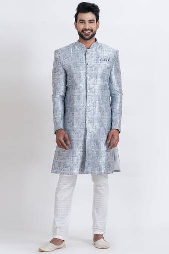blue jacquard silk premium designer festive wear indo western set