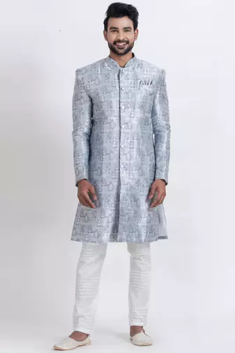 blue jacquard silk premium designer festive wear indo western set