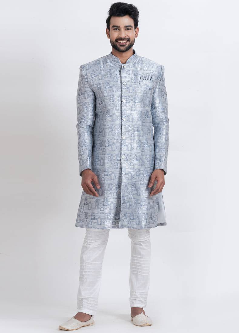 blue jacquard silk premium designer festive wear indo western set