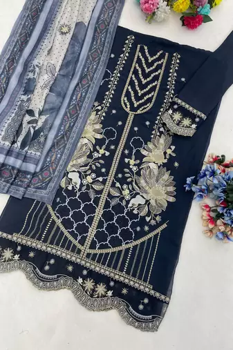 Navy fox georgette suit with embroidered khatli 