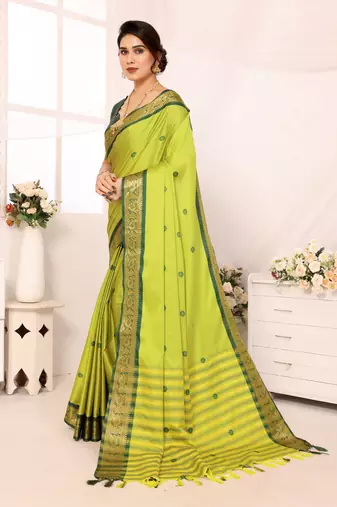 Light green blended cotton woven zari work saree with blouse