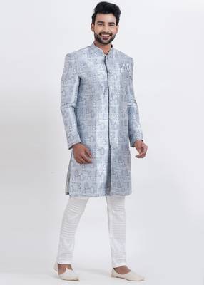 blue jacquard silk premium designer festive wear indo western set 2