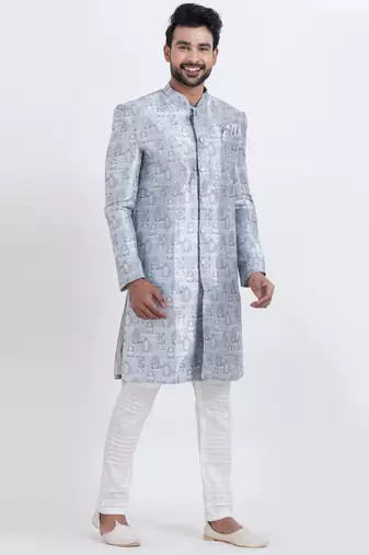blue jacquard silk premium designer festive wear indo western set