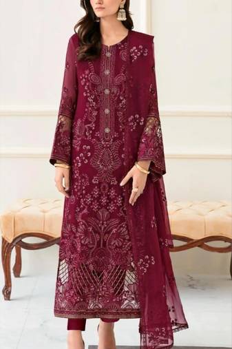 Maroon fox georgette semi stitched suit with embroidery & khatli work