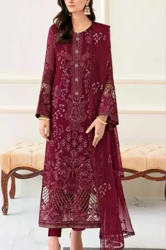 Maroon fox georgette semi stitched suit with embroidery & khatli work