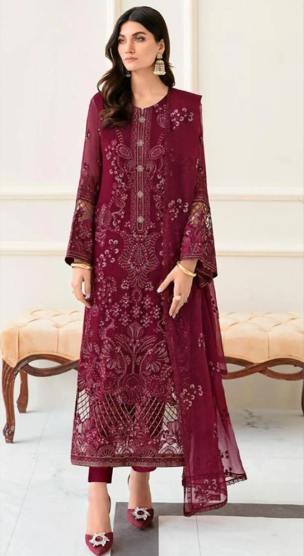 Maroon fox georgette semi stitched suit with embroidery & khatli work