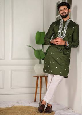 Mahendi color stylish cotton fabric ethnic traditional rich kurta payjama for men 4