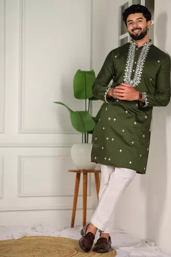Mahendi color stylish cotton fabric ethnic traditional rich kurta payjama for men