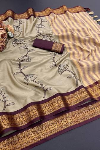 Beige blended cotton embroidered zari work saree with blouse