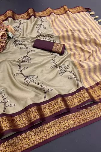 Beige blended cotton embroidered zari work saree with blouse